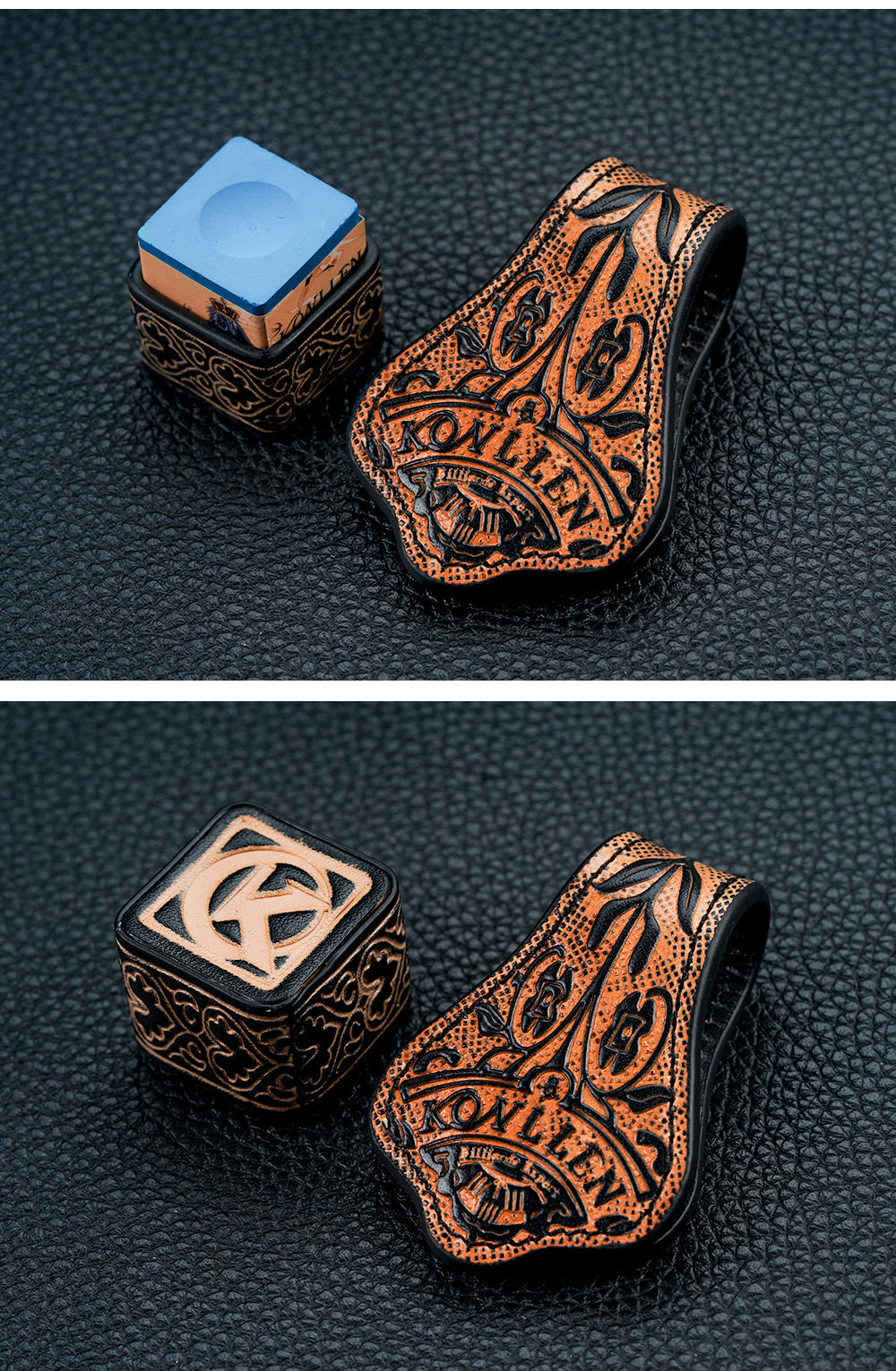 KONLLEN Billiard Chalk Holder with Square Leather Engraved Magnetic Support for Pool Cue Snooker Silent Billiard Accessories