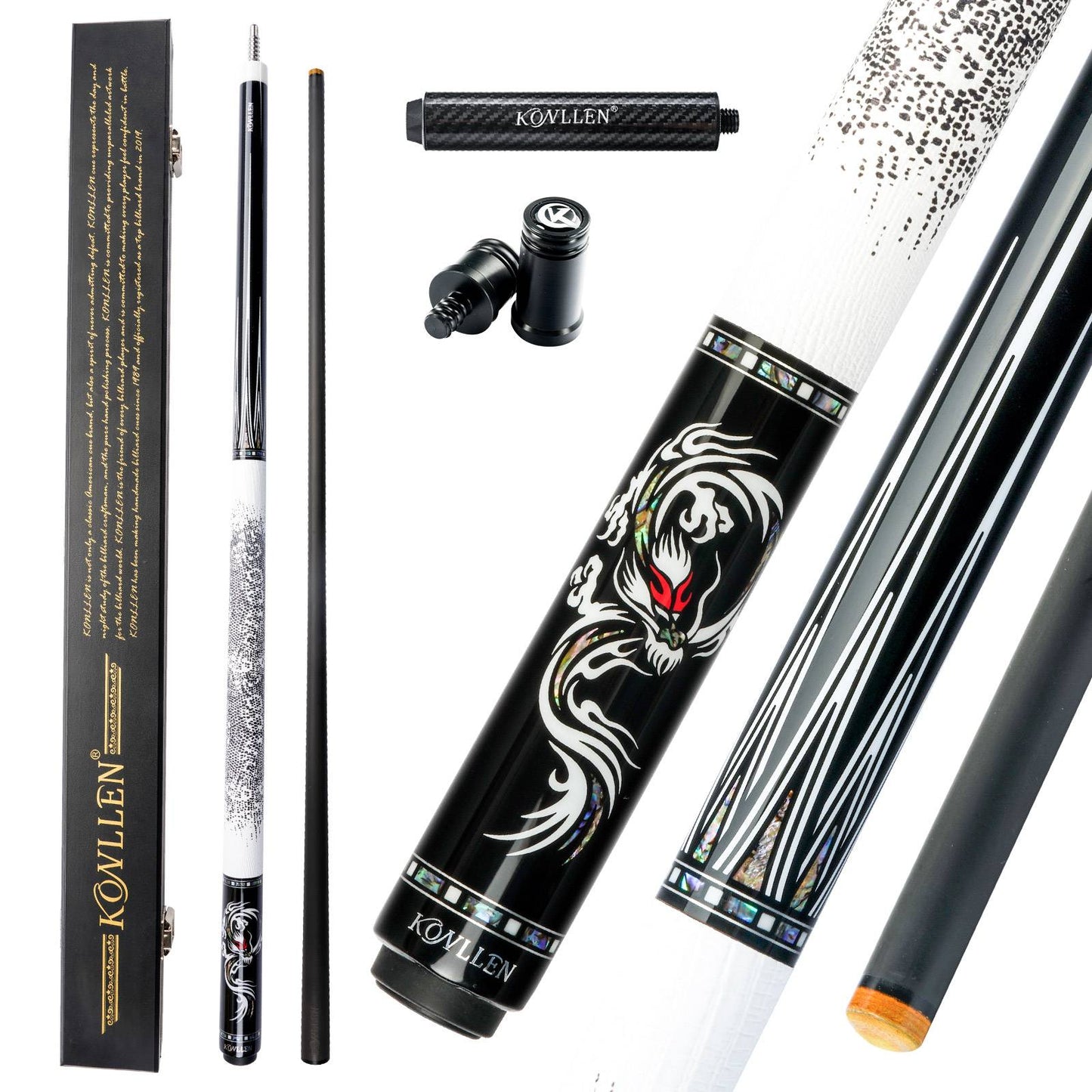 KONLLEN Carbon Fiber Pool Cue Stick Real Inlay Carbon Energy Technology Leather Grip Kit with Extension
