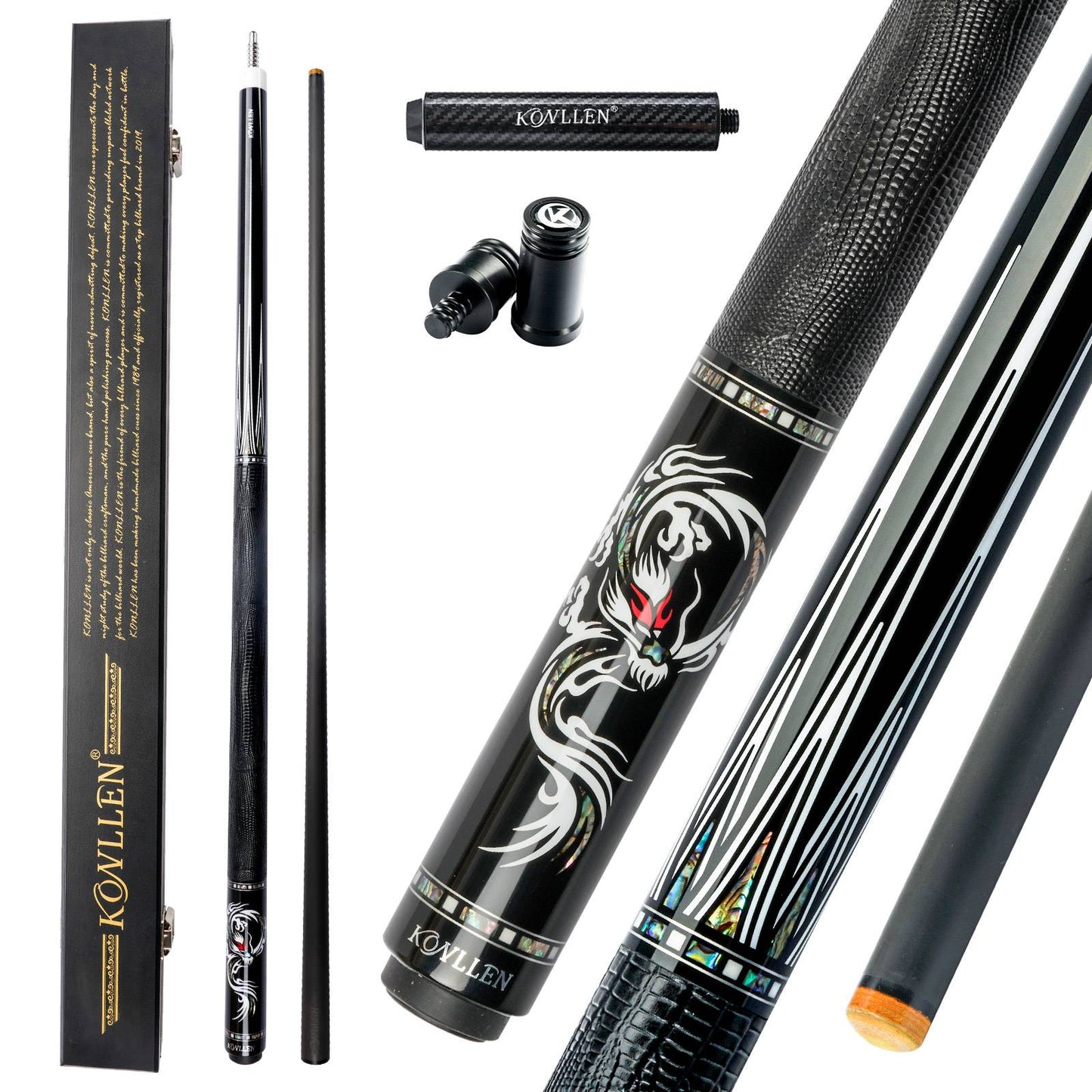 KONLLEN Carbon Fiber Pool Cue Stick Real Inlay Carbon Energy Technology Leather Grip Kit with Extension