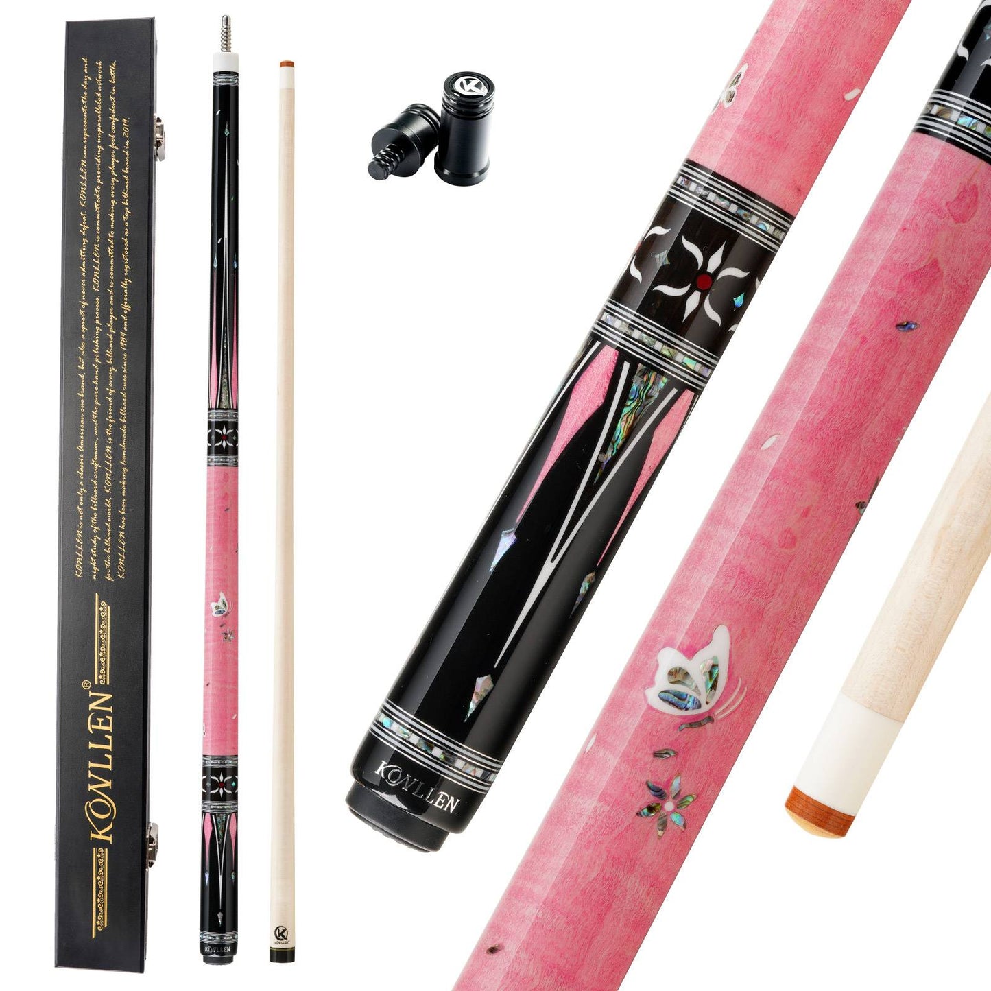 KONLLEN Butterfly Love Cues, KL-KB, 12.5mm Hardrock Maple Shaft Contains Carbon Tube Stick, Handmade Inlay Production Billiard