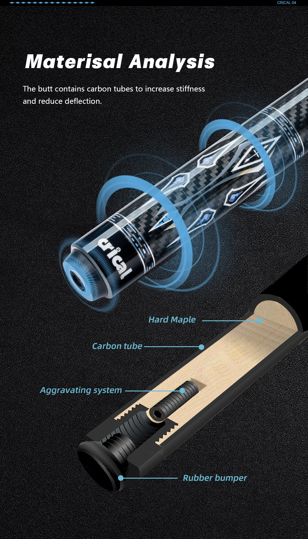 CRICAL CL-04 Carbon Fiber Pool Cue Stick 58" Billiard Cue Sticks Professional Low Deflection Pool Sticks with 3/8 * 8 Pin Joint and 12.5mm Tip