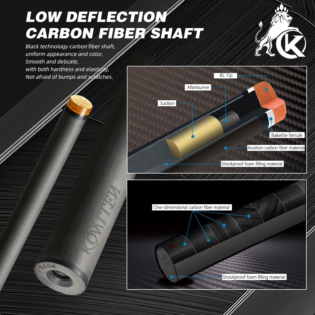 KONLLEN AS Carbon Fiber Inlay Pool Cue Stick 10.5/11.5/12.5mm Leather Wrap/Wrapless Black Technology Low Deflection Billiard