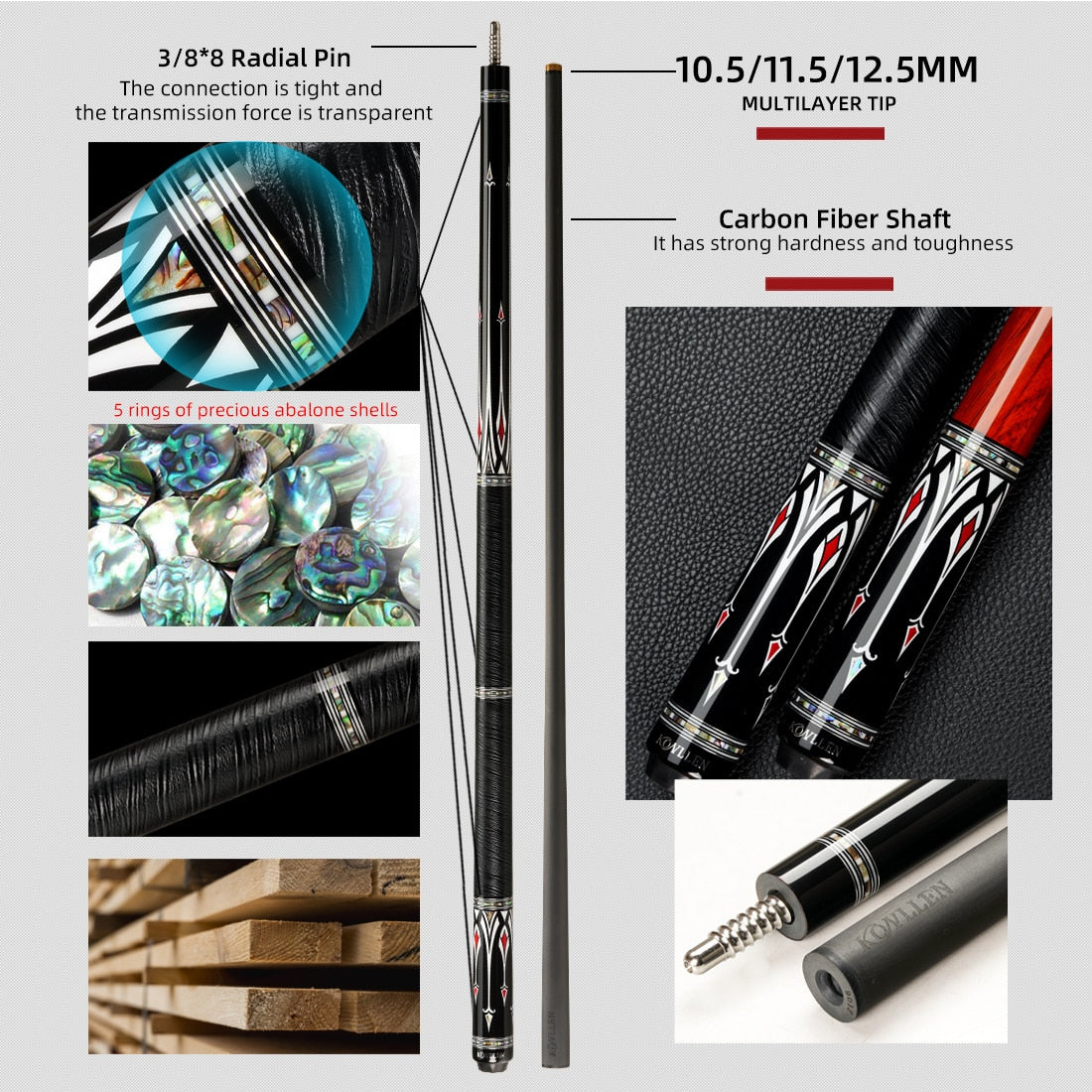 KONLLEN AS Carbon Fiber Inlay Pool Cue Stick 10.5/11.5/12.5mm Leather Wrap/Wrapless Black Technology Low Deflection Billiard