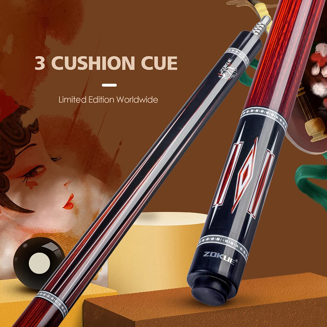 ZOKUE 3 Cushion Carom Cue Stick Billiard Cue Stick Kit with Case (142cm, 12mm Sea-Eye Tip, Radial Pin Joint, Adjustable Weight,