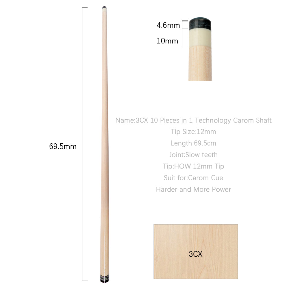 HOW 3CX 3 Cushion Carom Billiard Cue Shaft 12mm Tip Real Inlay 69cm Shaft