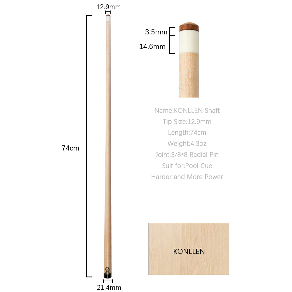 KONLLEN Solid Maple Wood Technology Shaft Billiard Pool Cue Shaft 3/8*8 Radial Pin Joint 12.9mm Tip