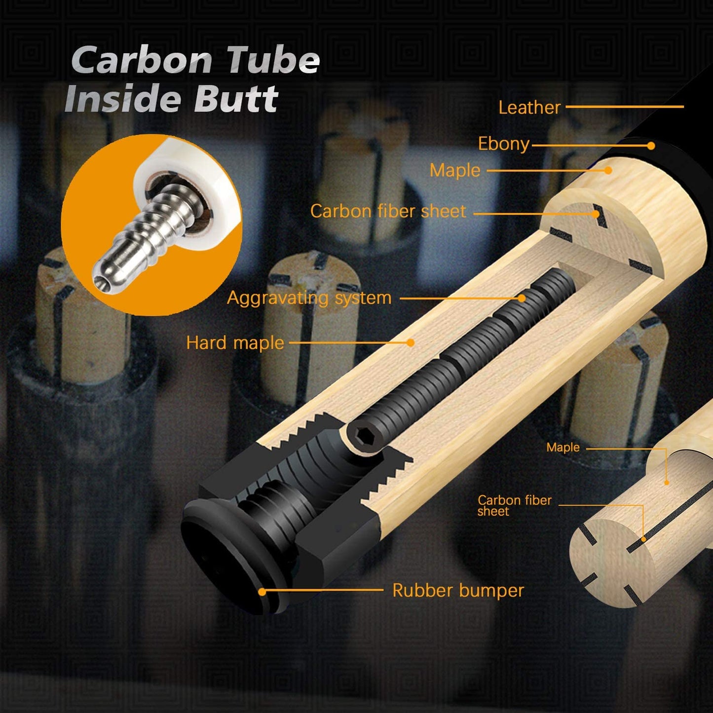 KONLLEN 3 Cushion Carom Cue Carbon Fiber Stick Technology Billiard Cue (Silver Ring Inlay,Carbon Fiber Shaft,142cm, 12mm 3c-Plus Tip, Radial