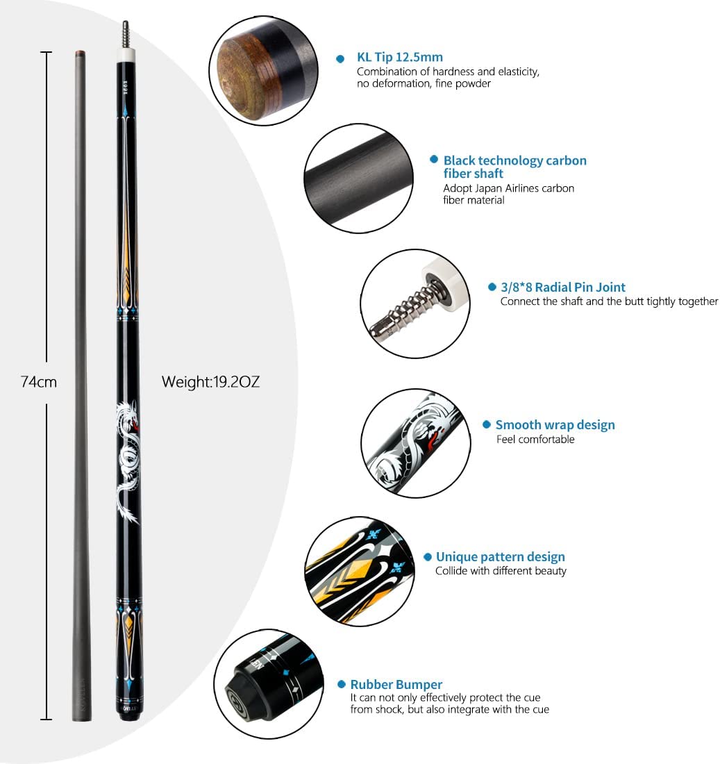 KONLLEN Carbon Fiber Pool Cue Stick Dragon Professional (Full Carbon Technology Low Deflection Billiard,12.5mm,147cm)