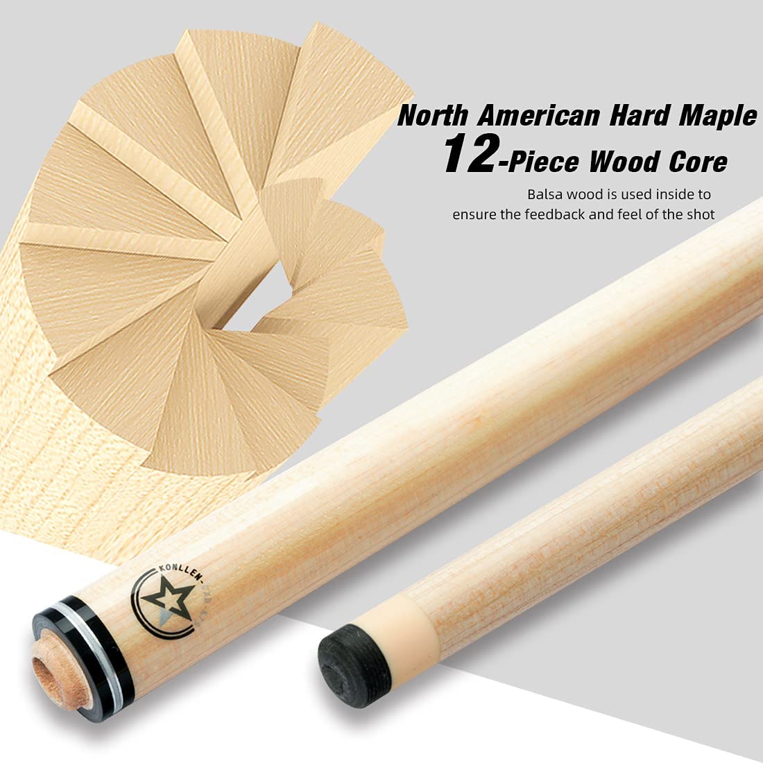 KONLLEN 3 Cushion Carom Cue Real Inlay Low Deflection Stick Technology Billiard Cue (12 Pieces in 1 Shaft,142cm, 12.2mm Tip, Radial Pin Join