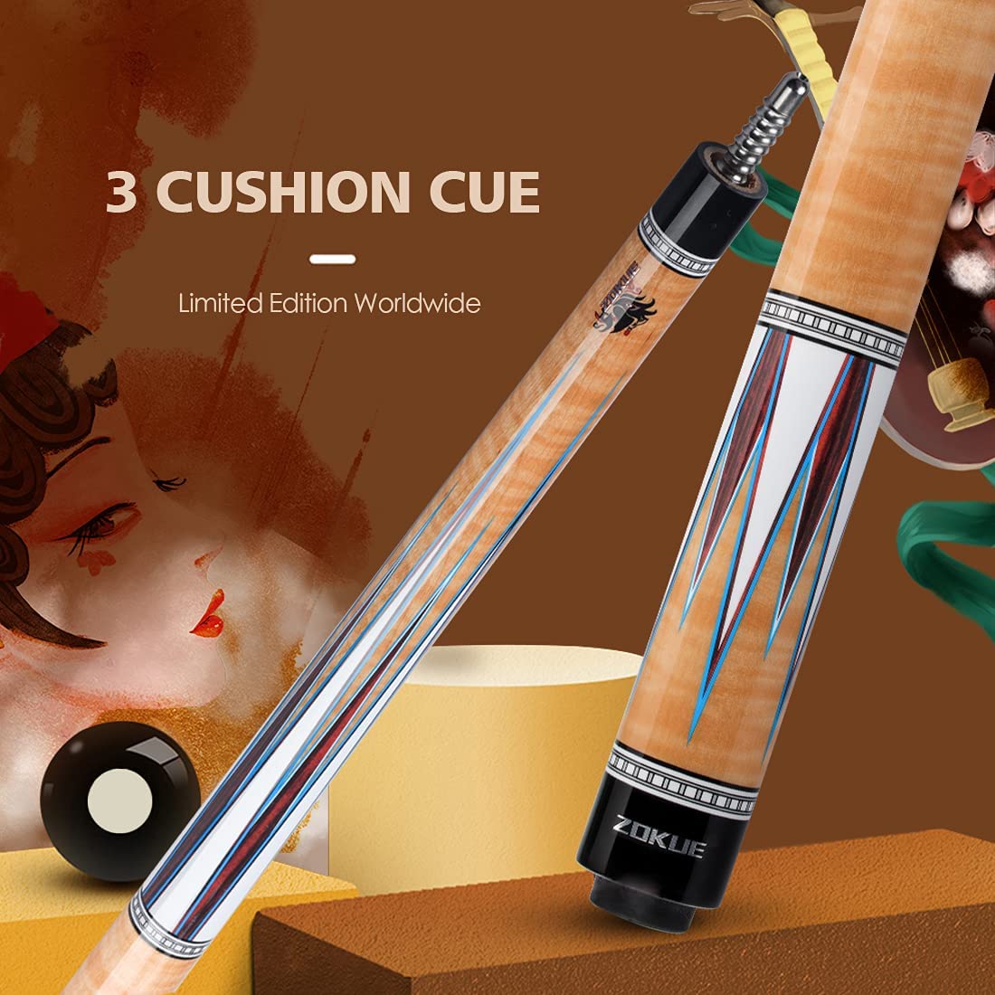 ZOKUE 3 Cushion Carom Cue Stick Billiard Cue Stick Kit with Case (142cm, 12mm Sea-Eye Tip, Radial Pin Joint, Adjustable Weight,