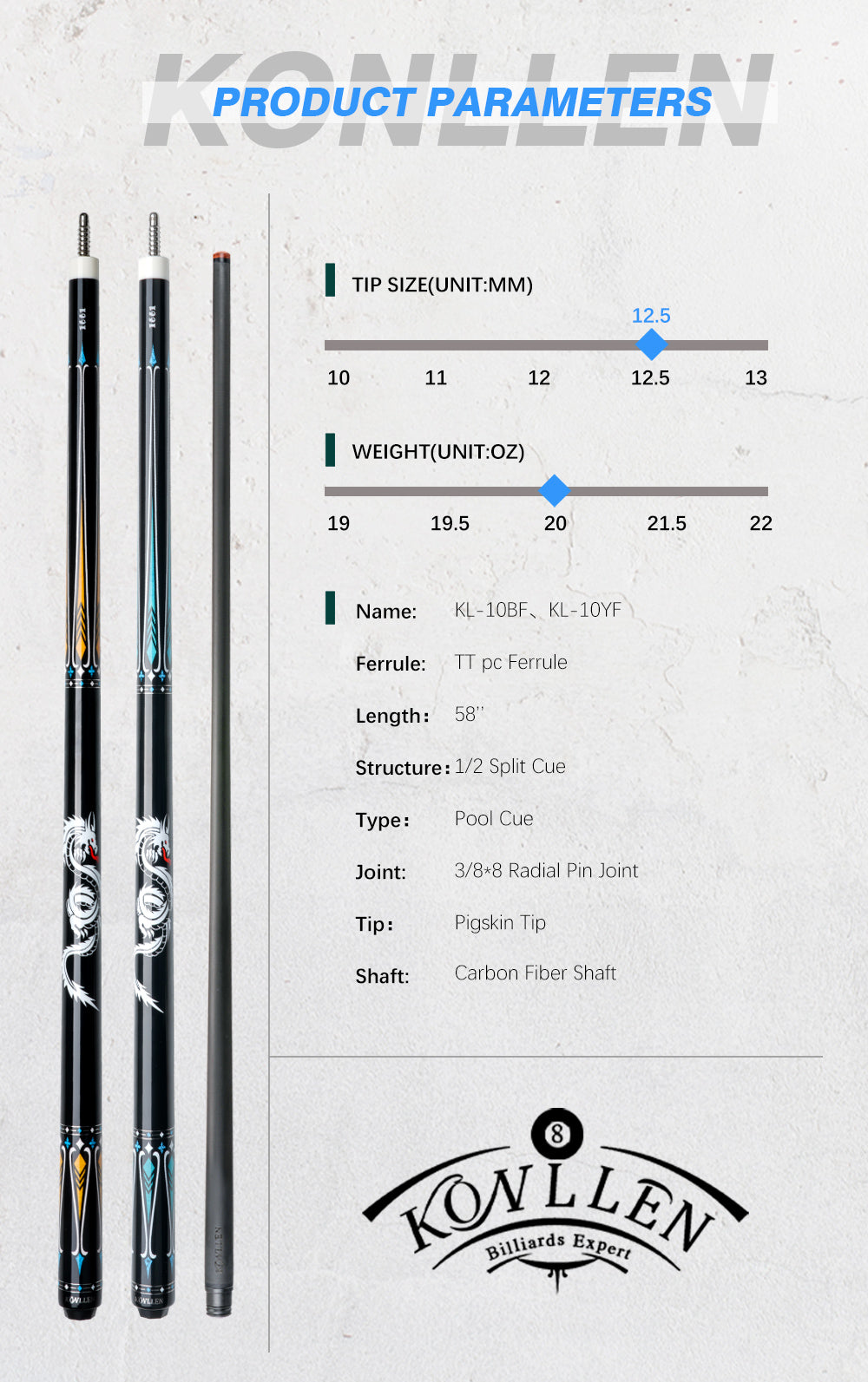 KONLLEN Carbon Fiber Pool Cue Stick Dragon Professional (Full Carbon Technology Low Deflection Billiard,12.5mm,147cm)