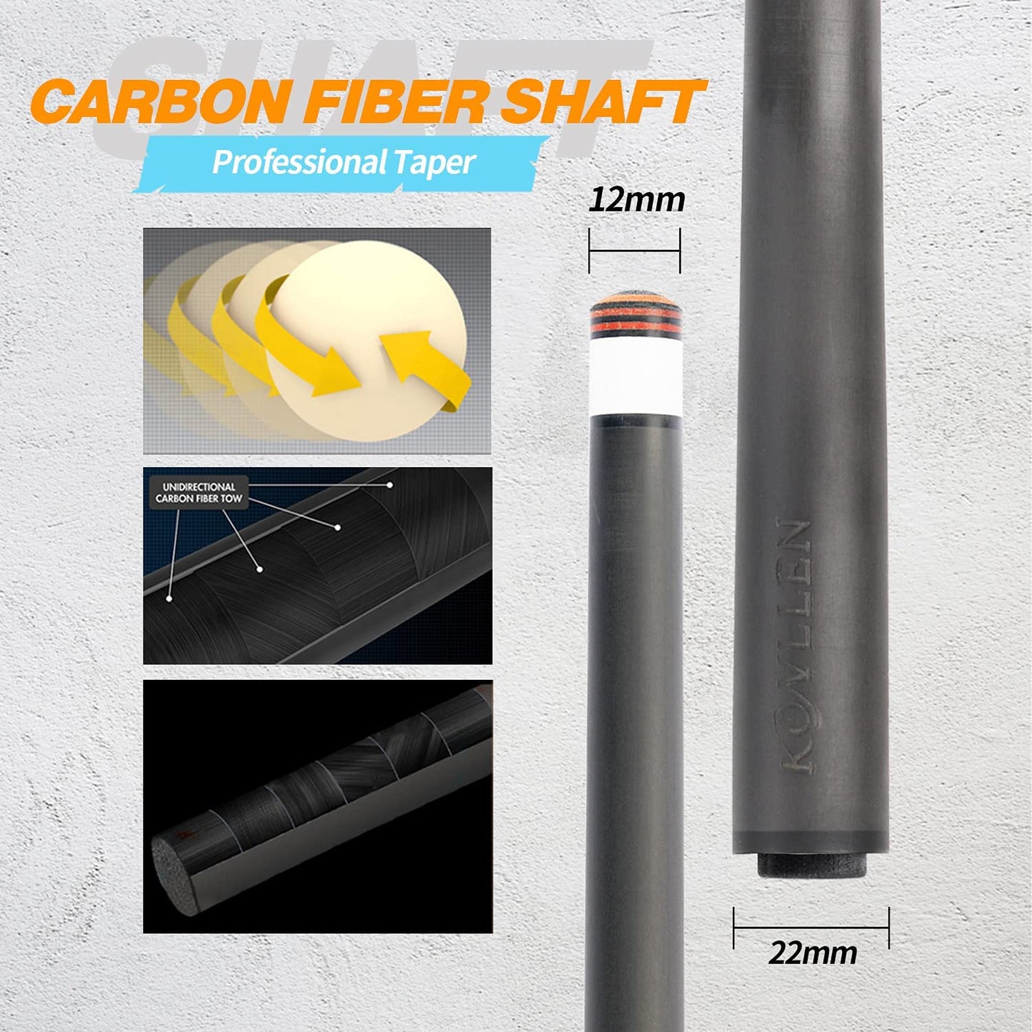 KONLLEN 3 Cushion Carom Cue Carbon Fiber Stick Technology Billiard Cue (Silver Ring Inlay,Carbon Fiber Shaft,142cm, 12mm 3c-Plus Tip, Radial