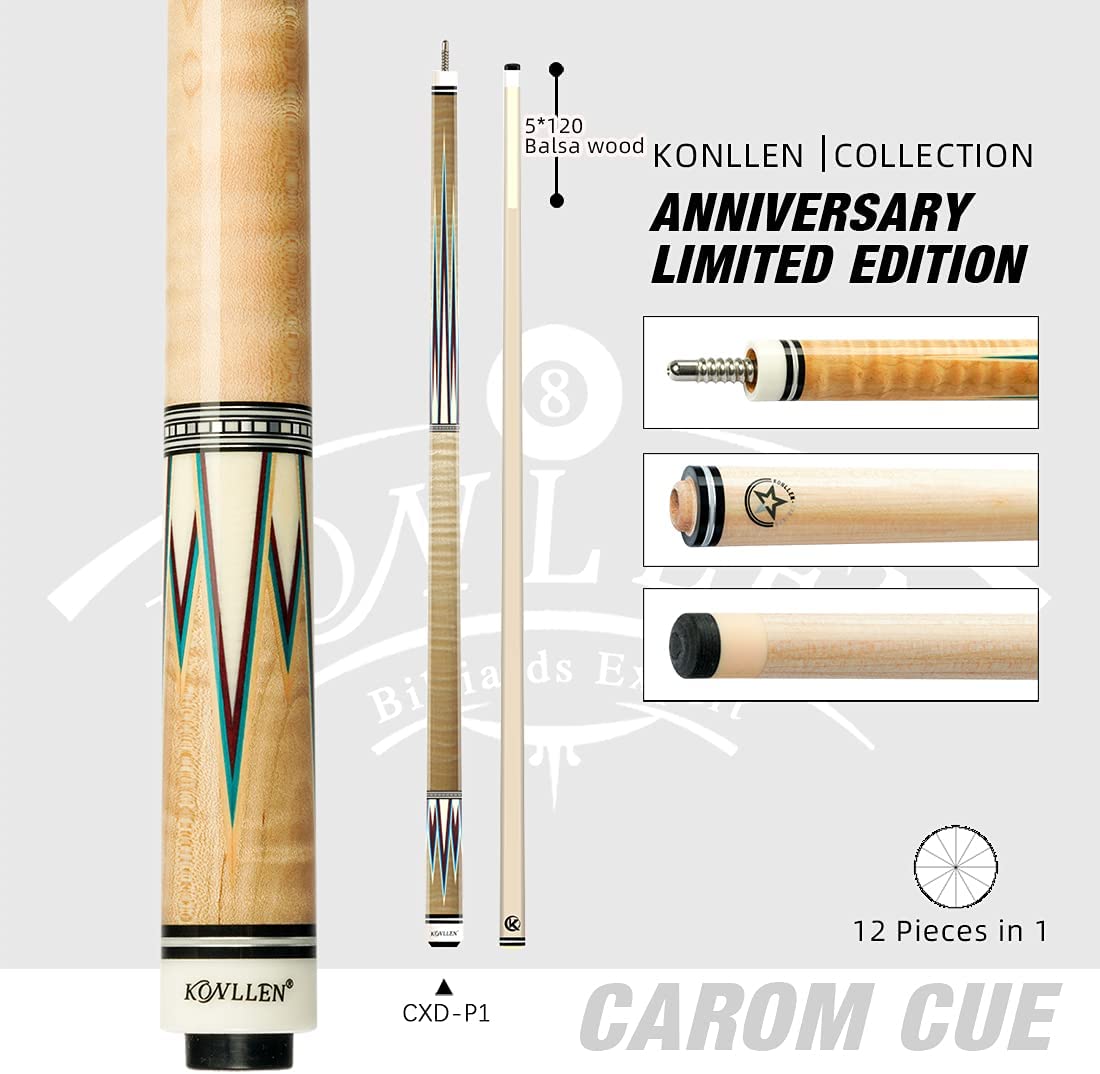 KONLLEN 3 Cushion Carom Cue Real Inlay Low Deflection Stick Technology Billiard Cue (12 Pieces in 1 Shaft,142cm, 12.2mm Tip, Radial Pin Join