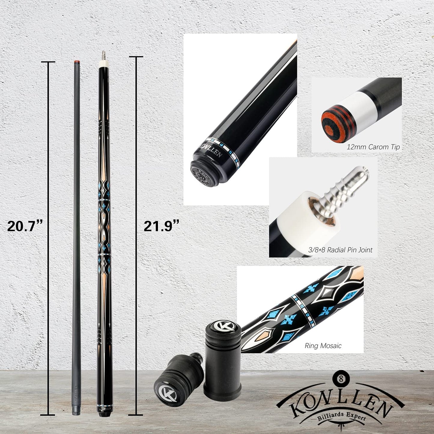 KONLLEN 3 Cushion Carom Cue Carbon Fiber Stick Technology Billiard Cue (Silver Ring Inlay,Carbon Fiber Shaft,142cm, 12mm 3c-Plus Tip, Radial