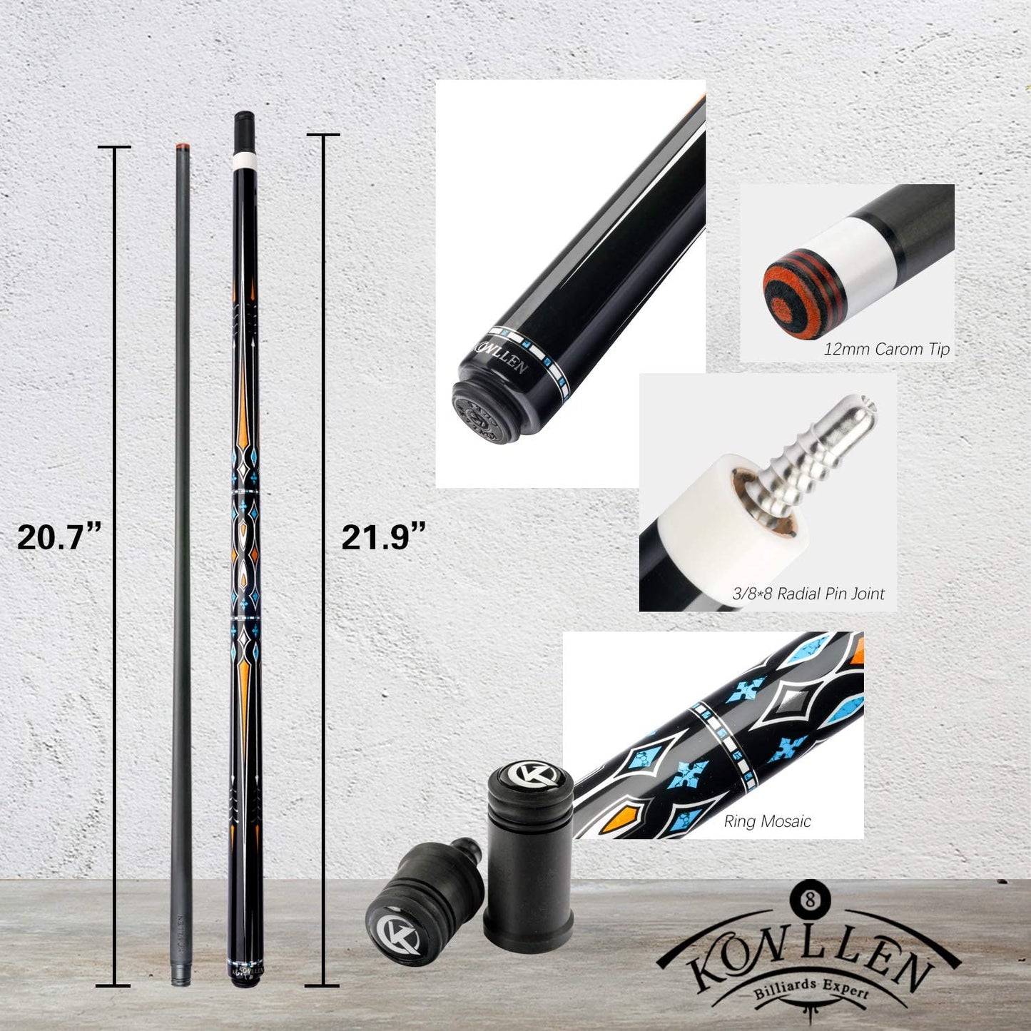 KONLLEN 3 Cushion Carom Cue Carbon Fiber Stick Technology Billiard Cue (Silver Ring Inlay,Carbon Fiber Shaft,142cm, 12mm 3c-Plus Tip, Radial