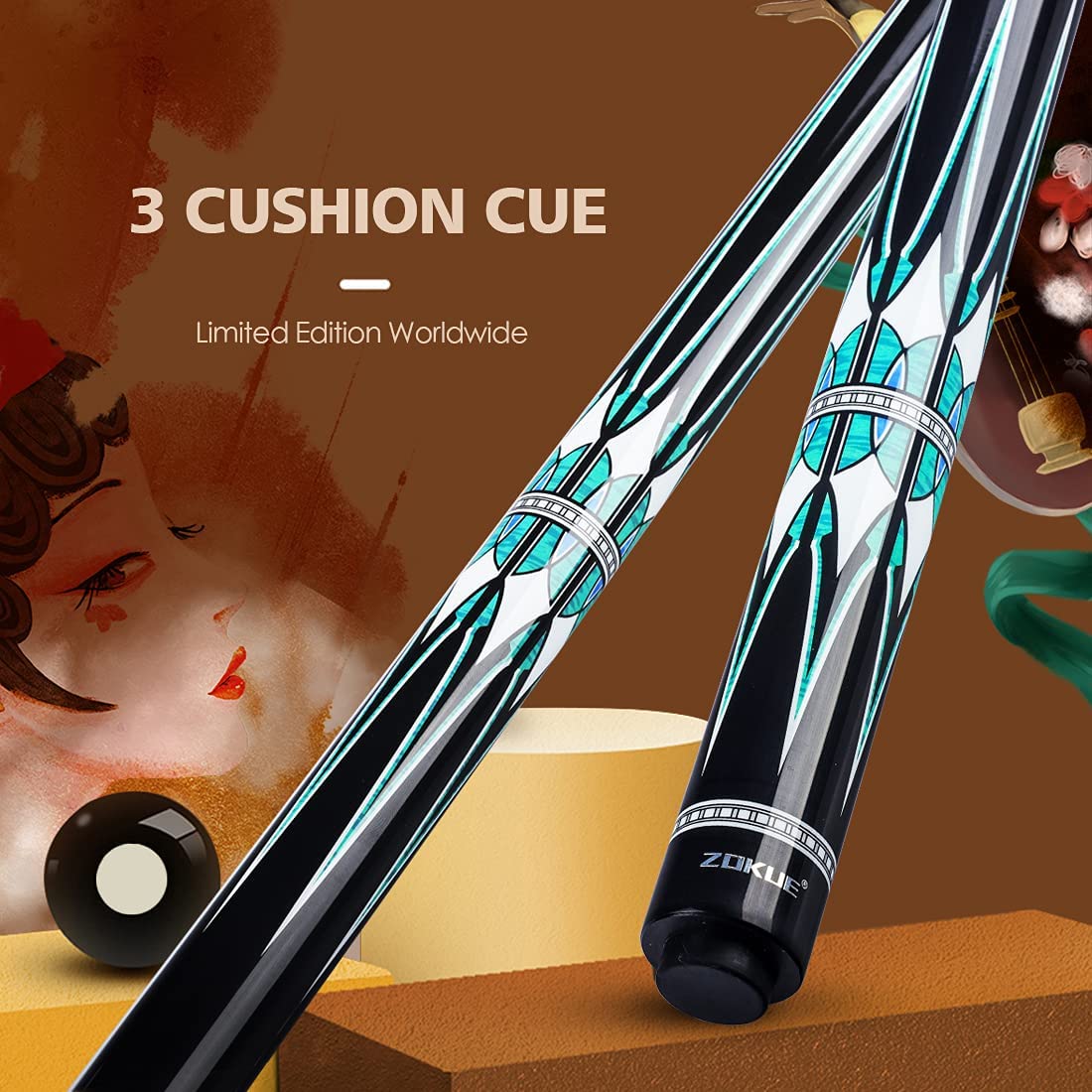 ZOKUE 3 Cushion Carom Cue Stick Billiard Cue Stick Kit with Case (142cm, 12mm Sea-Eye Tip, Radial Pin Joint, Adjustable Weight,