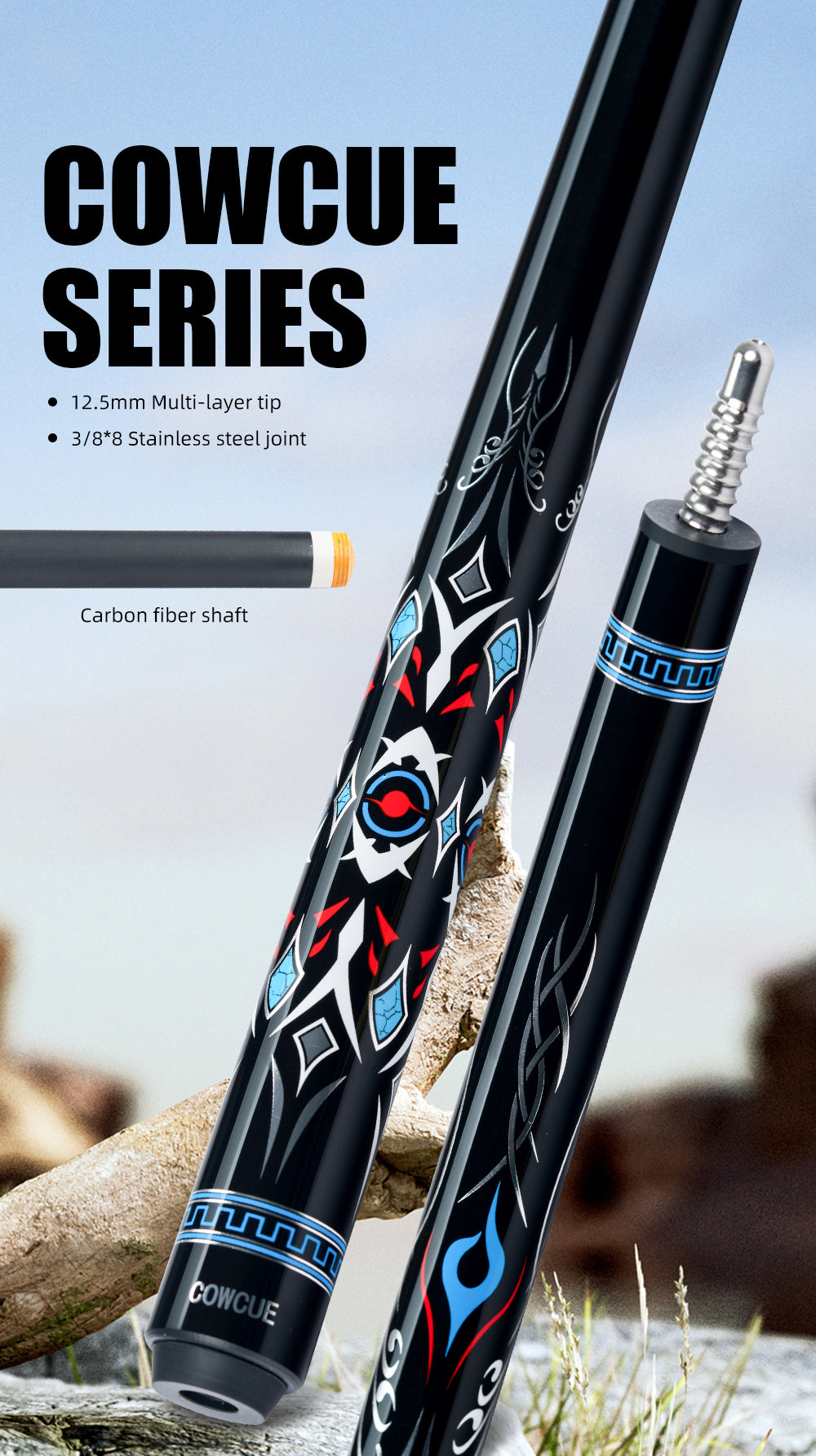 CRICAL Carbon Fiber Pool Cue Stick 58" Billiard Cue Sticks Professional Low Deflection Pool Sticks with 3/8 * 8 Pin Joint and 12.5mm Tip