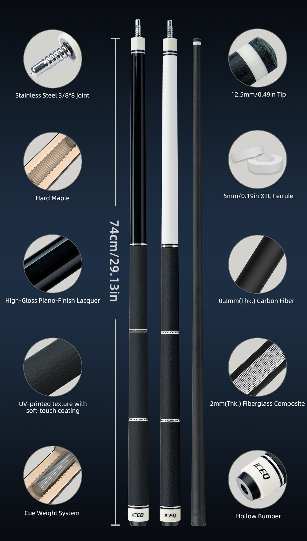 ICEQ Carbon Fiber Pool Cue Stick 58" Billiard Cue Sticks Professional Low Deflection Pool Sticks with 3/8 * 8 Pin Joint 12.5mm