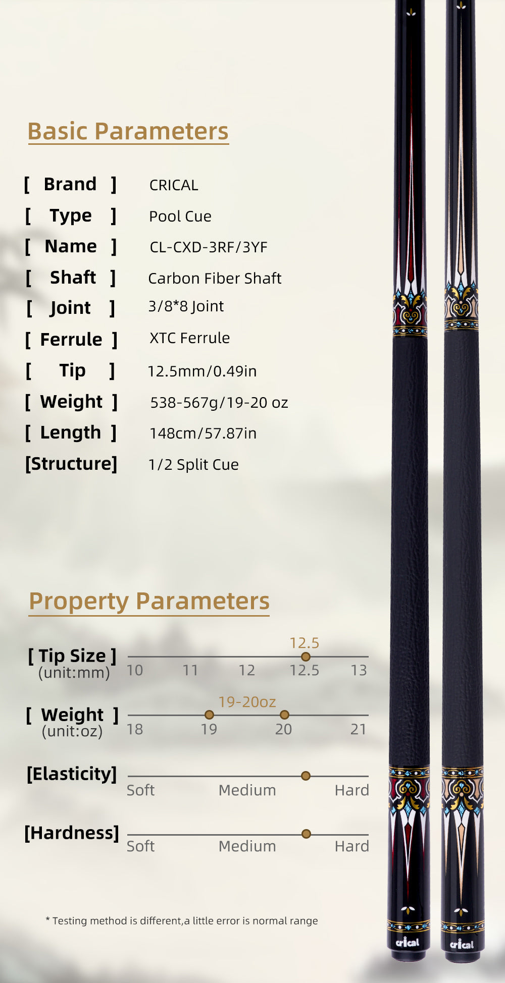 【Crical】CXD-3RF Carbon Fiber Pool Cue Stick with 12.5mm Tip leather grip Low Deflection shaft for Billiard Cue Sticks