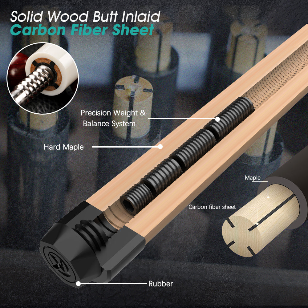 KONLLEN Carbon Fiber Pool Cue Stick Handmade Inlay Cue 12.5mm (Abalone Shell Inlay Ring, Carbon Technology Low Deflection Billiard Cue Stick, Ebony