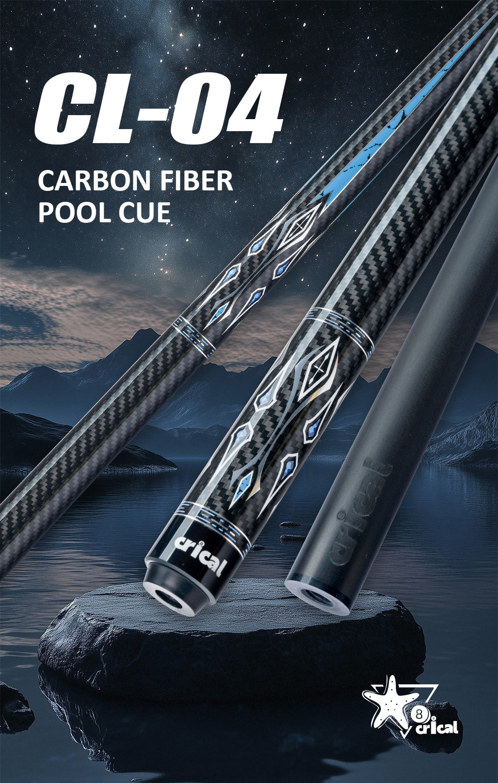 CRICAL  CL-04 Carbon Fiber Pool Cue Stick 58" Billiard Cue Sticks Professional Low Deflection Pool Sticks with 3/8 * 8 Pin Joint and 12.5mm Tip