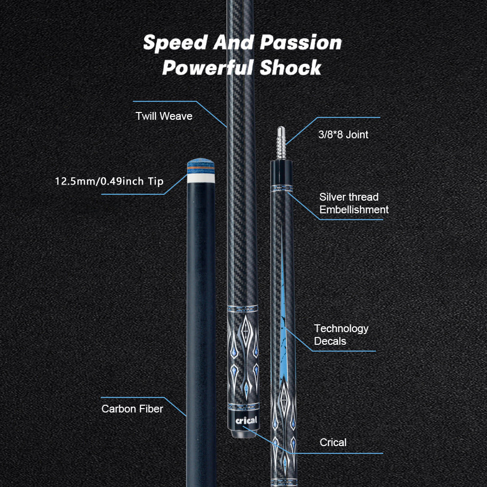 CRICAL  CL-04 Carbon Fiber Pool Cue Stick 58" Billiard Cue Sticks Professional Low Deflection Pool Sticks with 3/8 * 8 Pin Joint and 12.5mm Tip