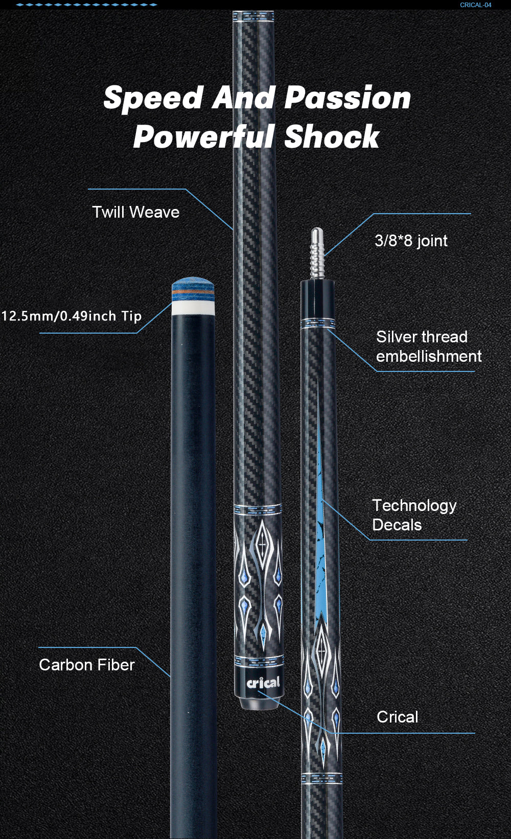 CRICAL  CL-04 Carbon Fiber Pool Cue Stick 58" Billiard Cue Sticks Professional Low Deflection Pool Sticks with 3/8 * 8 Pin Joint and 12.5mm Tip