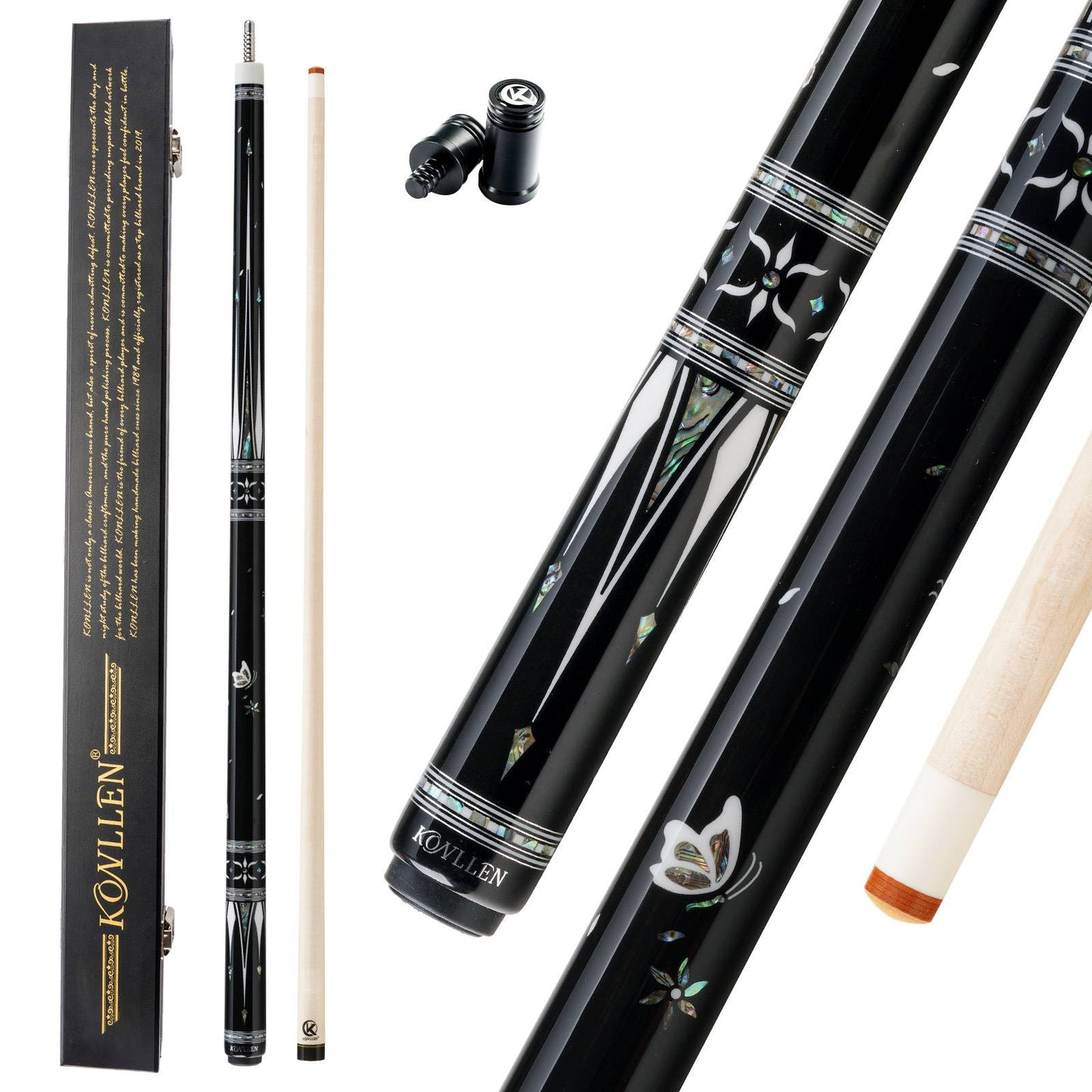 KONLLEN Butterfly Love Cues, KL-KB, 12.5mm Hardrock Maple Shaft Contains Carbon Tube Stick, Handmade Inlay Production Billiard