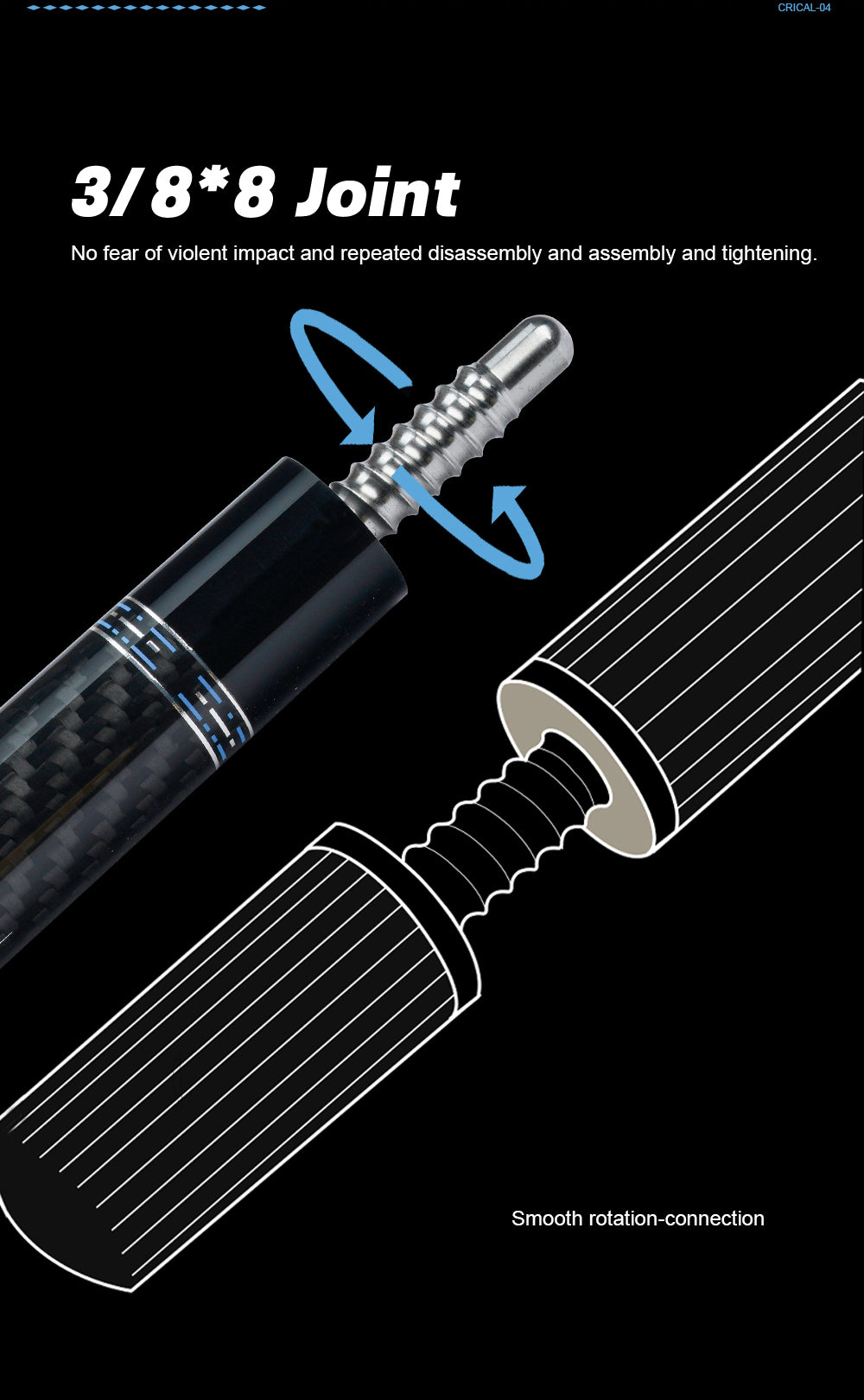 CRICAL  CL-04 Carbon Fiber Pool Cue Stick 58" Billiard Cue Sticks Professional Low Deflection Pool Sticks with 3/8 * 8 Pin Joint and 12.5mm Tip