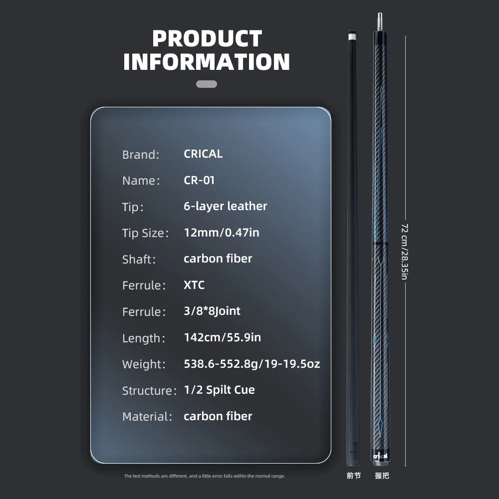 Crical 3 Cushion Billiard Cue Stick with Carbon Fiber Professional Carom Taper 12mm Tip 142 cm Libre Cue for Carom Cue