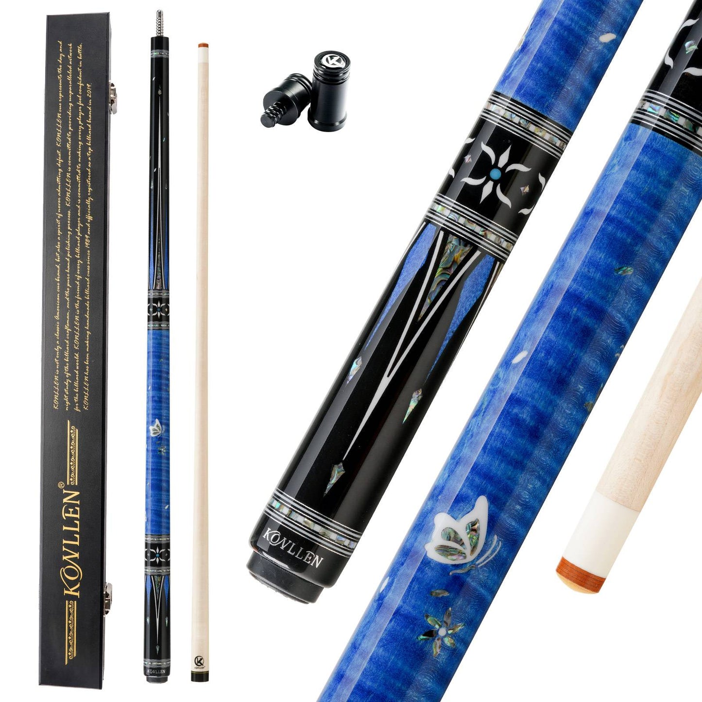 KONLLEN Butterfly Love Cues, KL-KB, 12.5mm Hardrock Maple Shaft Contains Carbon Tube Stick, Handmade Inlay Production Billiard